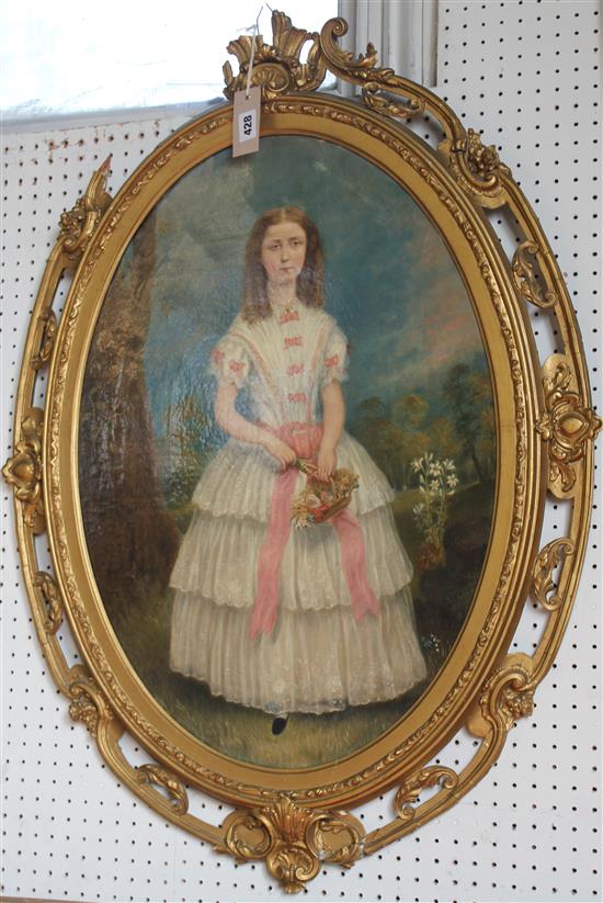 19th century English School Portrait of a girl wearing a cream dress, standing in parkland, oval, 25.5 x 18in.